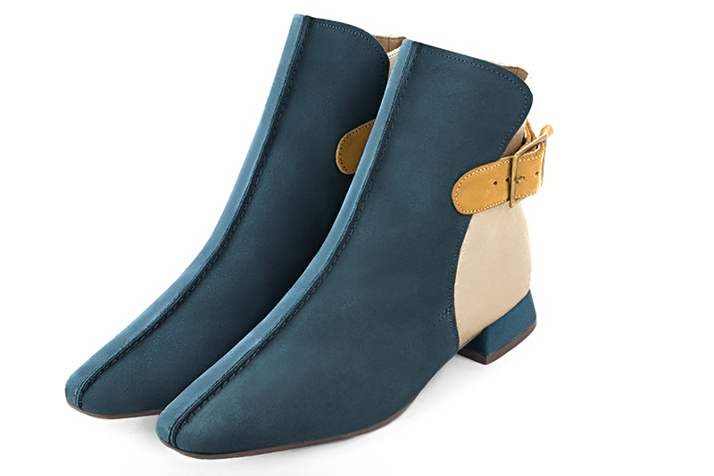 Peacock blue, gold and mustard yellow women's ankle boots with buckles at the back. Square toe. Flat flare heels. Front view - Florence KOOIJMAN